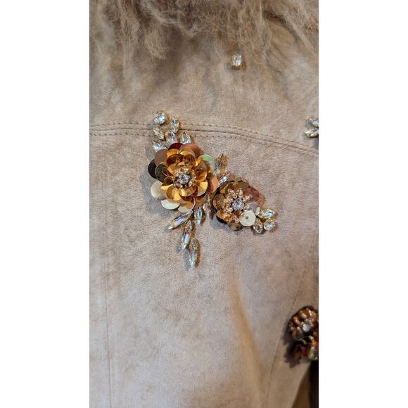 Penny Lane 100% genuine Suede Jacket, Lamb Fur Trim, Sequin Embroidery - S - Picture 8 of 12